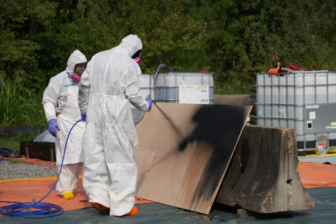 workers dressed in personnel protective equipment demonstrate spraying FerroBlack to suppress mercury vapors