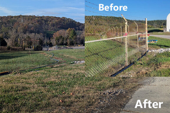 Photo of ETTP land after fencing removal with inset photo of same area before fencing was removed