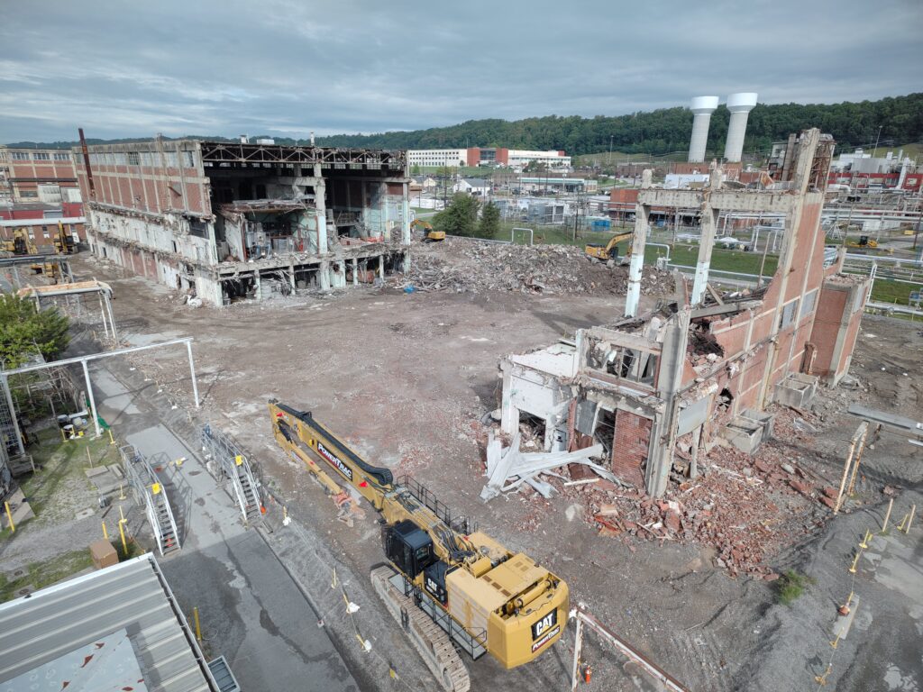 Drone photo of demolition work at Y-12's Alpha 2 showing much of the facility having been removed