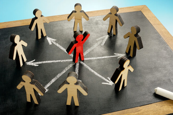 Leadership,And,Delegation.,Figures,And,Arrows,On,The,Chalkboard.