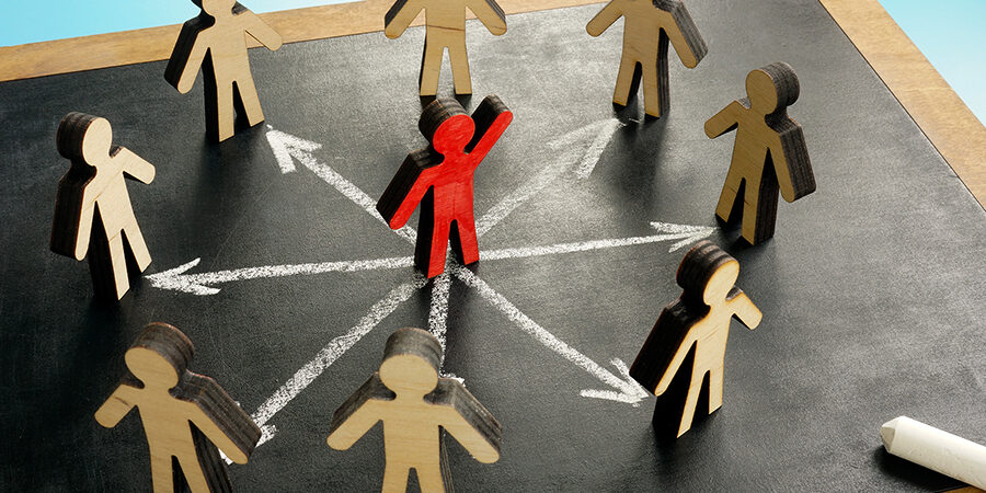Leadership,And,Delegation.,Figures,And,Arrows,On,The,Chalkboard.