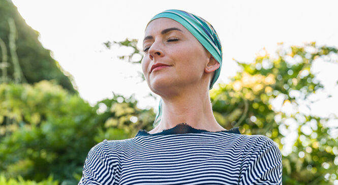 Beautiful,Young,Positive,Female,Cancer,Patient,Wearing,Headsacrf,Outdoors,Garden